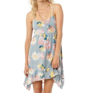 O'Neill Jasmine Powder Blue Floral Beach Mini Dress L Large Strappy Lined Rare